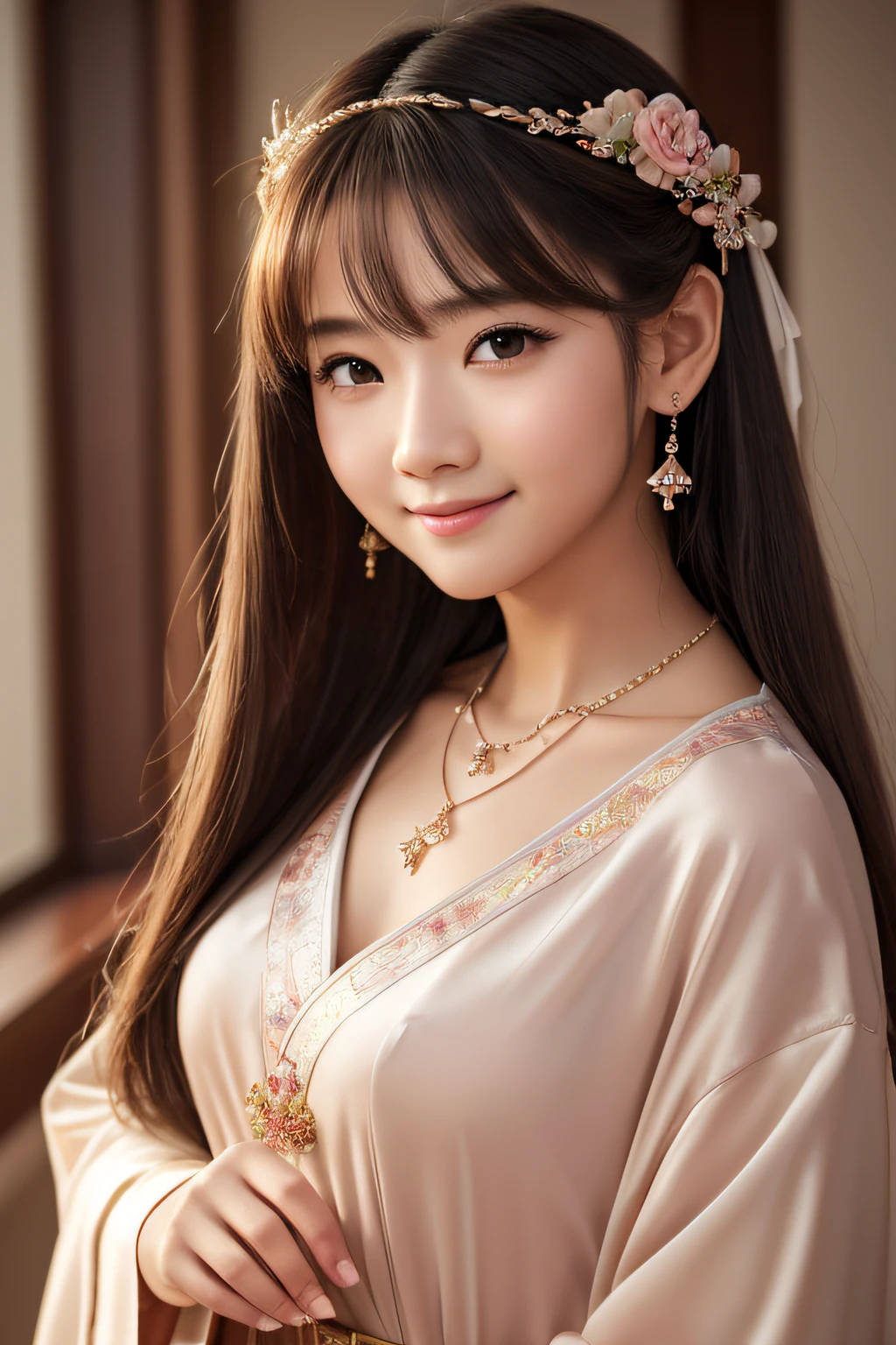 Superb quality, masutepiece, High resolution, 1girl in, blush, (Seductive smile: 0.8), Star pupil, Chinese Hanfu, Hair Accessories, Necklace, Jewelry, Beauty, SUI_Body, Tindall Effect, Realistic, shadow room, Light Edge, Two-tone lighting, (High Detail Skin: 1.2), 8K UHD, SLR, Soft light, High quality, Volume Lighting, candid picture, High resolution, 4K, 8K, Background blur, Real person