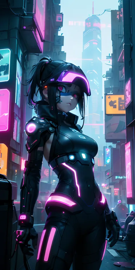top-quality))、((​masterpiece)、cyberpunked、Electronic visor attached to the face of a 12-year-old girl looking out at the city from the roof of a building、Cyberpunk Fashion、Sexy Posing、Exposed skin、Breasts enlarged、Neon lights in dark city at night