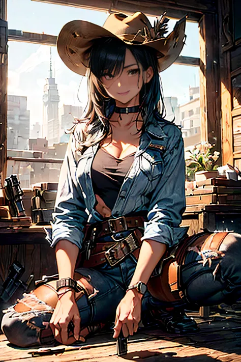 Townscape of the Wild West,Wasteland,Gunslinger Costume,Short leather jacket with open front,Torn and tattered white shirt,Torn ...