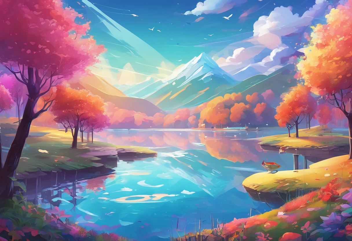 （（Rainbow after rain）），Skysky, blue colors, baiyun, after rainny, rays of sunshine, refractions, Seven colors, Red, Orange, Yellow, Green, Blue, Violet, arc-shaped, A bridge to heaven, llight rays, dream magical, wanting, Calm lake, inverted image, The outline of the tree, Birds fly, freshen, magical, Beautiful natural landscape