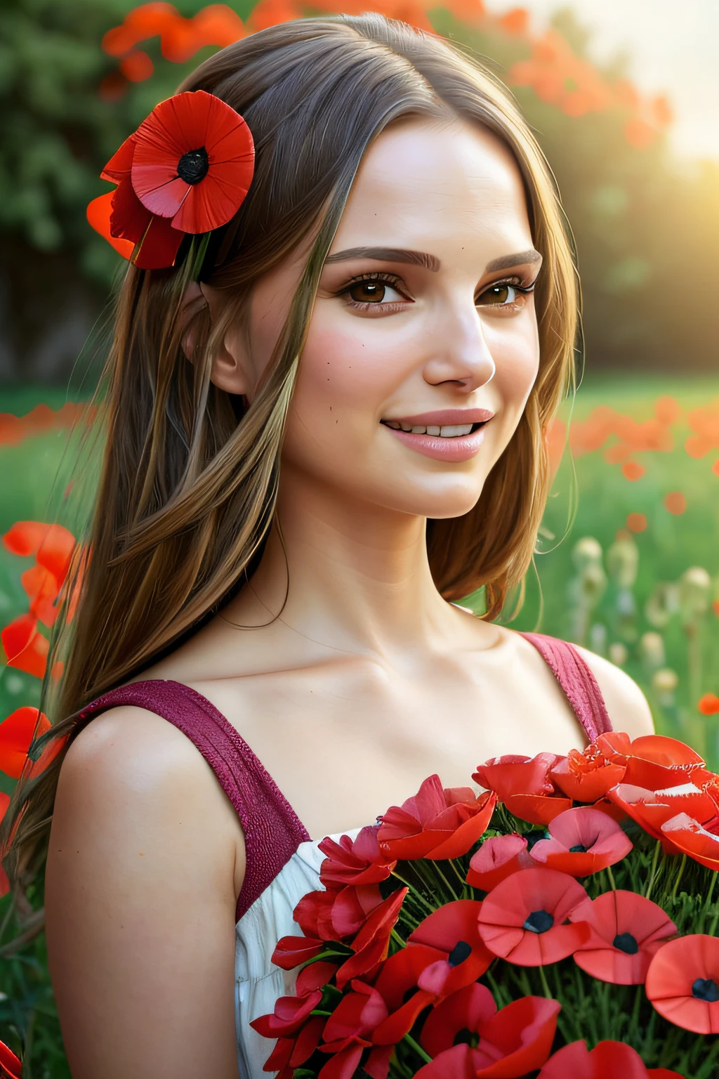 (pixer style: 1.25) portrait of girl, Natalie portman, Smiles, Flower basket overgrown with poppy flowers and waist length, Natural Skin Texture, 4K textures, nffsw, with an intricate, Highly detailed, Sharp Focus, Cinematic Look, ultra-detailliert