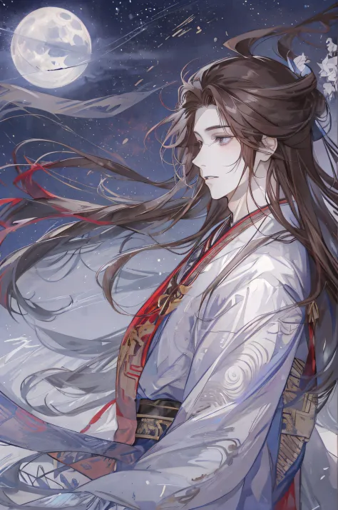 The male，Male，Red and white Hanfu，Brown hair long，Long flowing hair，Wide robe with large sleeves，Ancient wind，Purple pupils，gent...