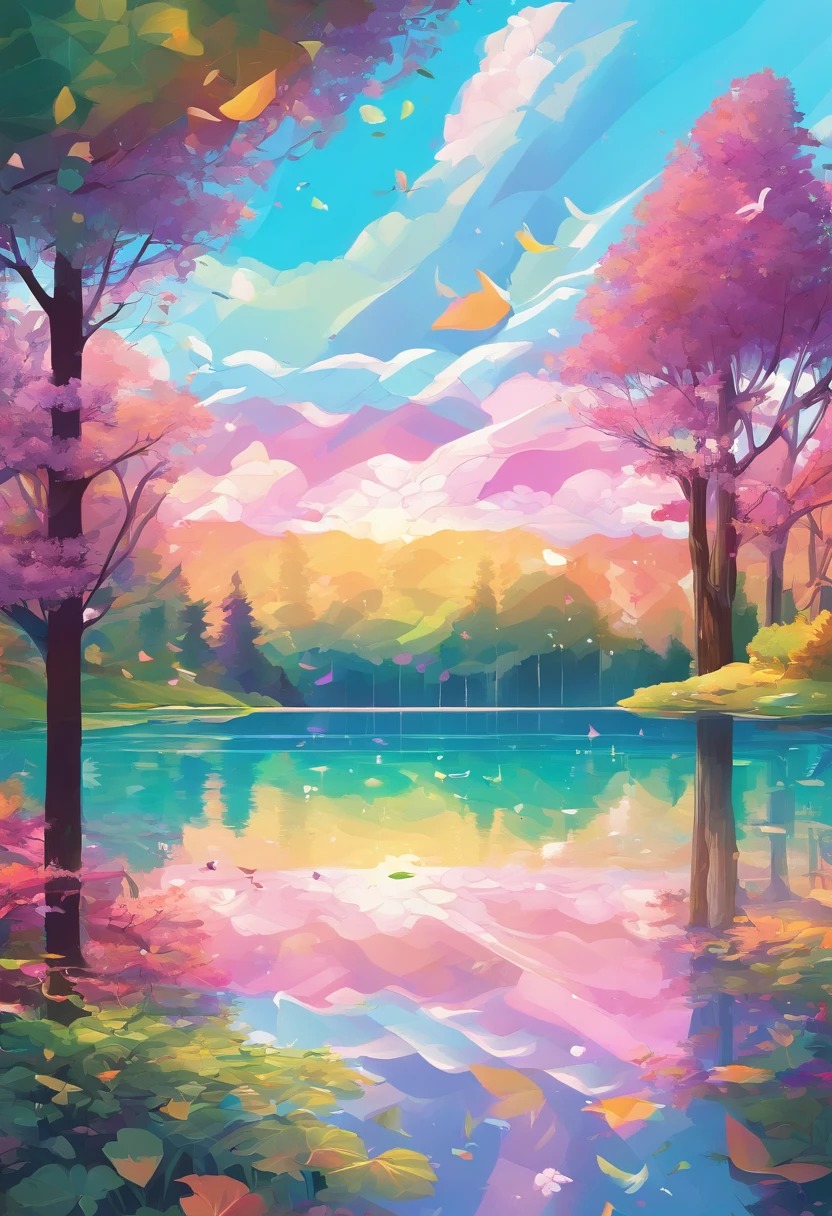 （（Rainbow after rain）），Skysky, blue colors, baiyun, after rainny, rays of sunshine, refractions, Seven colors, Red, Orange, Yellow, Green, Blue, Violet, arc-shaped, A bridge to heaven, llight rays, dream magical, wanting, Calm lake, inverted image, The outline of the tree, Birds fly, freshen, magical, Beautiful natural landscape