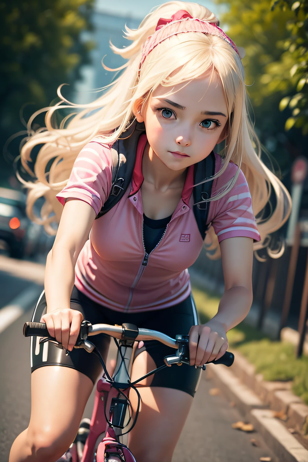 Chica rubia andando en bicicleta con una camisa rosa y pantalones cortos  negros. - SeaArt AI