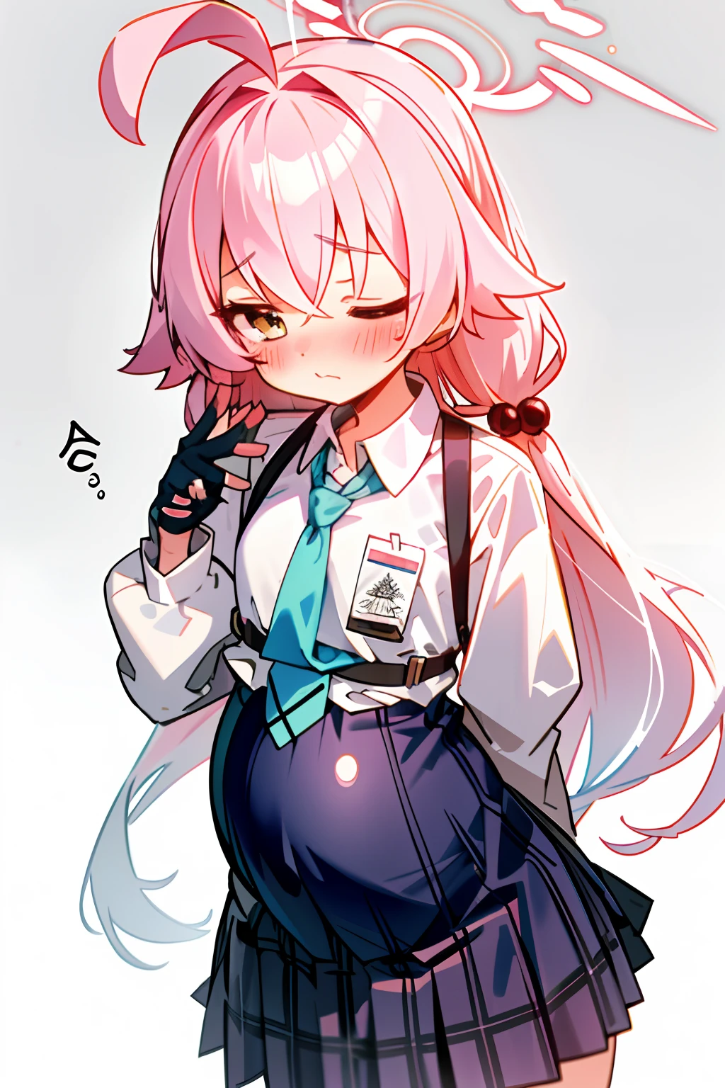 Anime girl with pink hair and blue skirt holding a cell phone - SeaArt AI