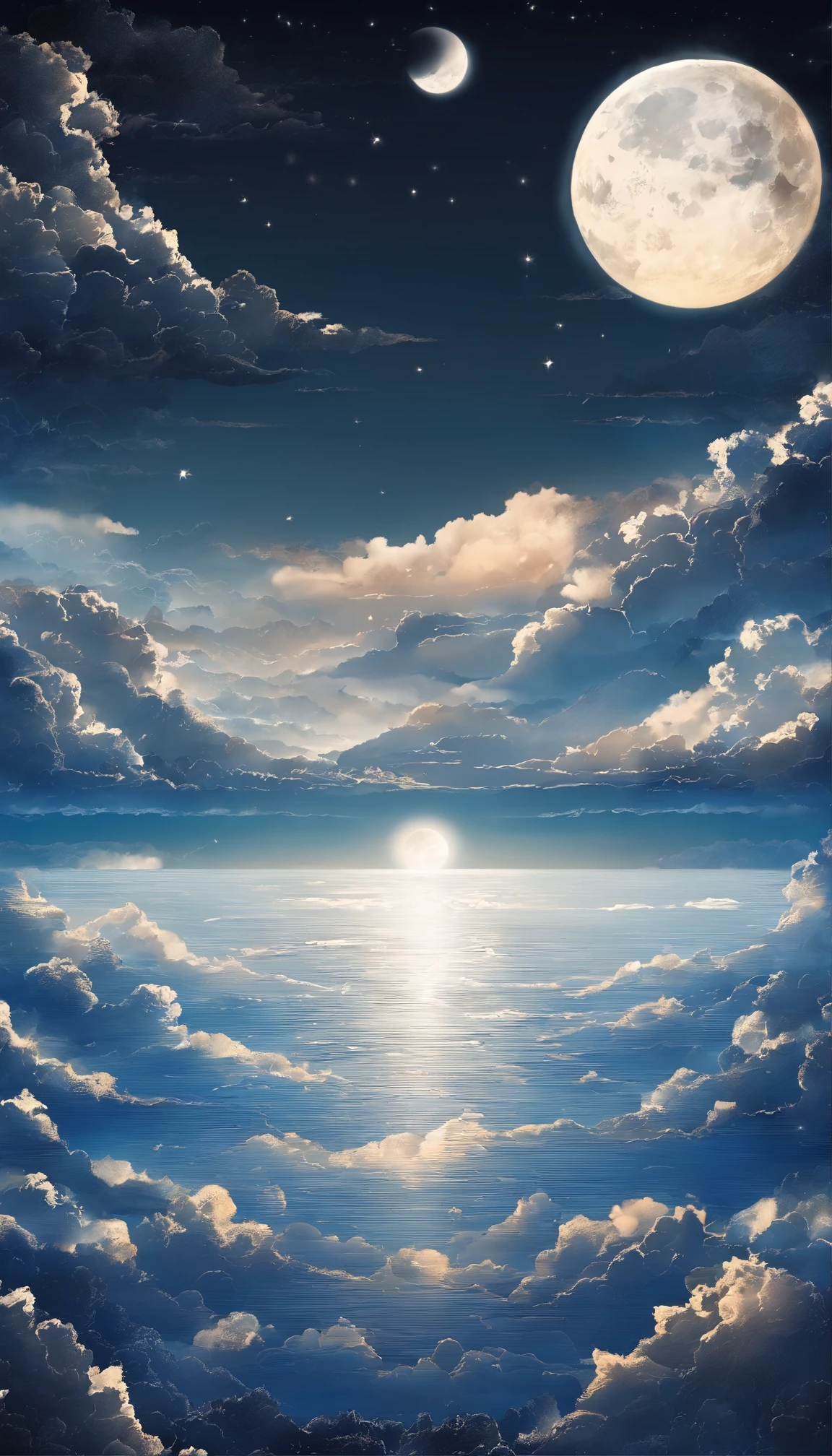 A painting of a full moon and clouds over the ocean - SeaArt AI