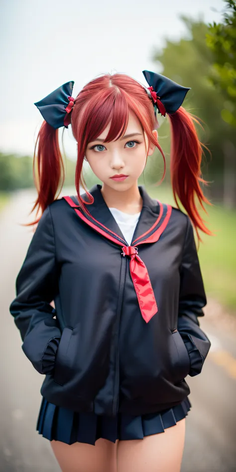 ((Red hair, blue eyes, twin tails, Sailor suit, black coat, dragon horns, very short pleated skirt, 1 woman only, 18yr old)), Cu...