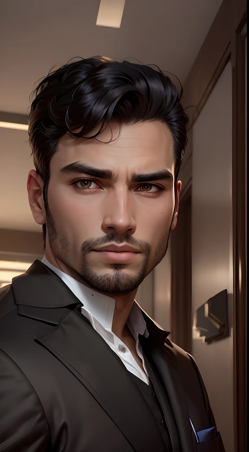 A handsome man 6 feet high black hair and brown eye formal dress realistic