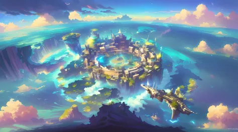 (anime style, concept world art, final fantasy vii world concept, scenic background), island with a city in the middle, vibrant ...