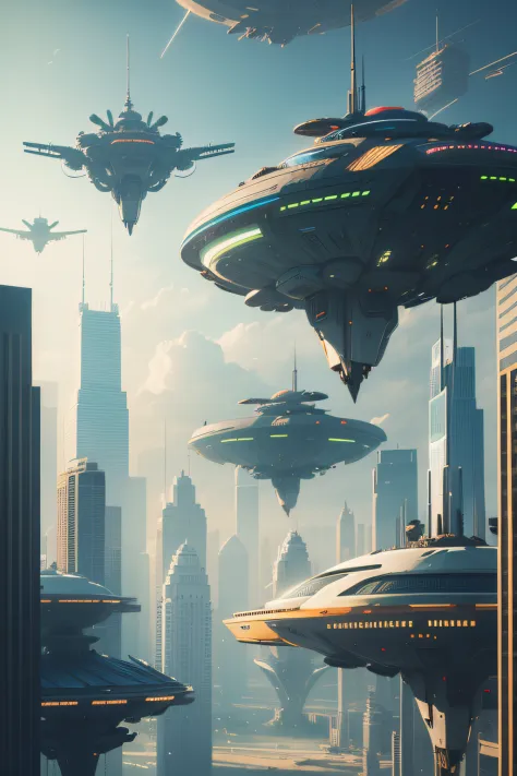 futuristic scene with skyscrapers, hovercrafts and robots