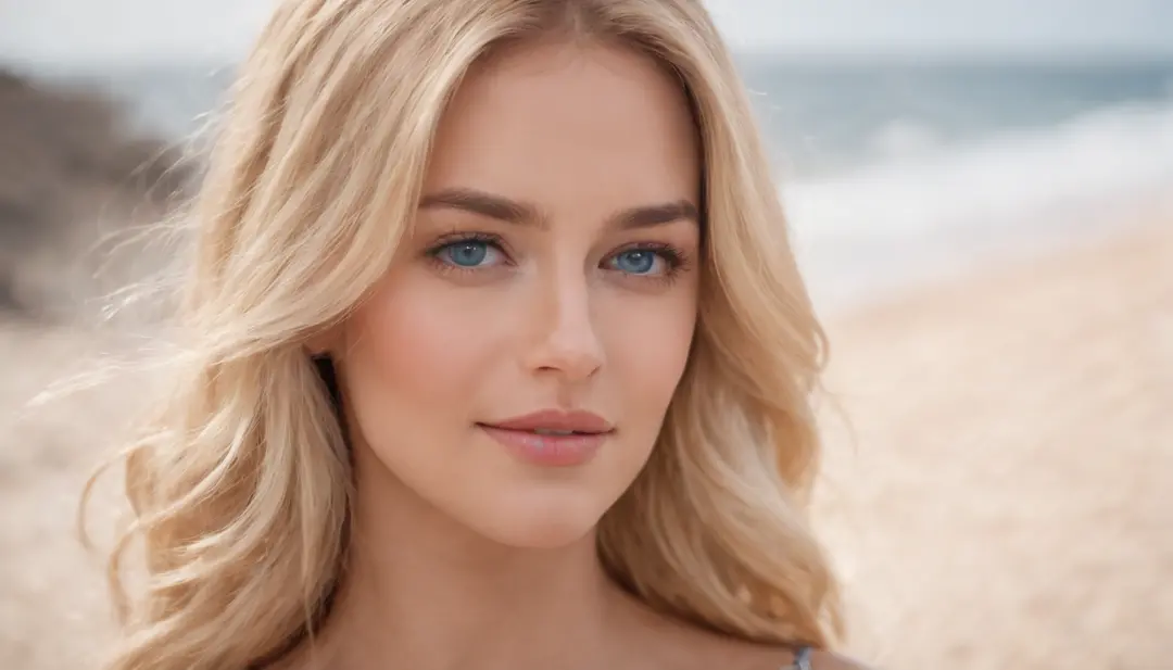 Pretty Woman, Windy and abundant blonde hair, bright blue eyes, realisitic, masutepiece, The Details, 4k, Beach background, High-detail lighting, little smile, Black skin, Wake up、​masterpiece, Top  Quality, High Quality, Hight Resolution