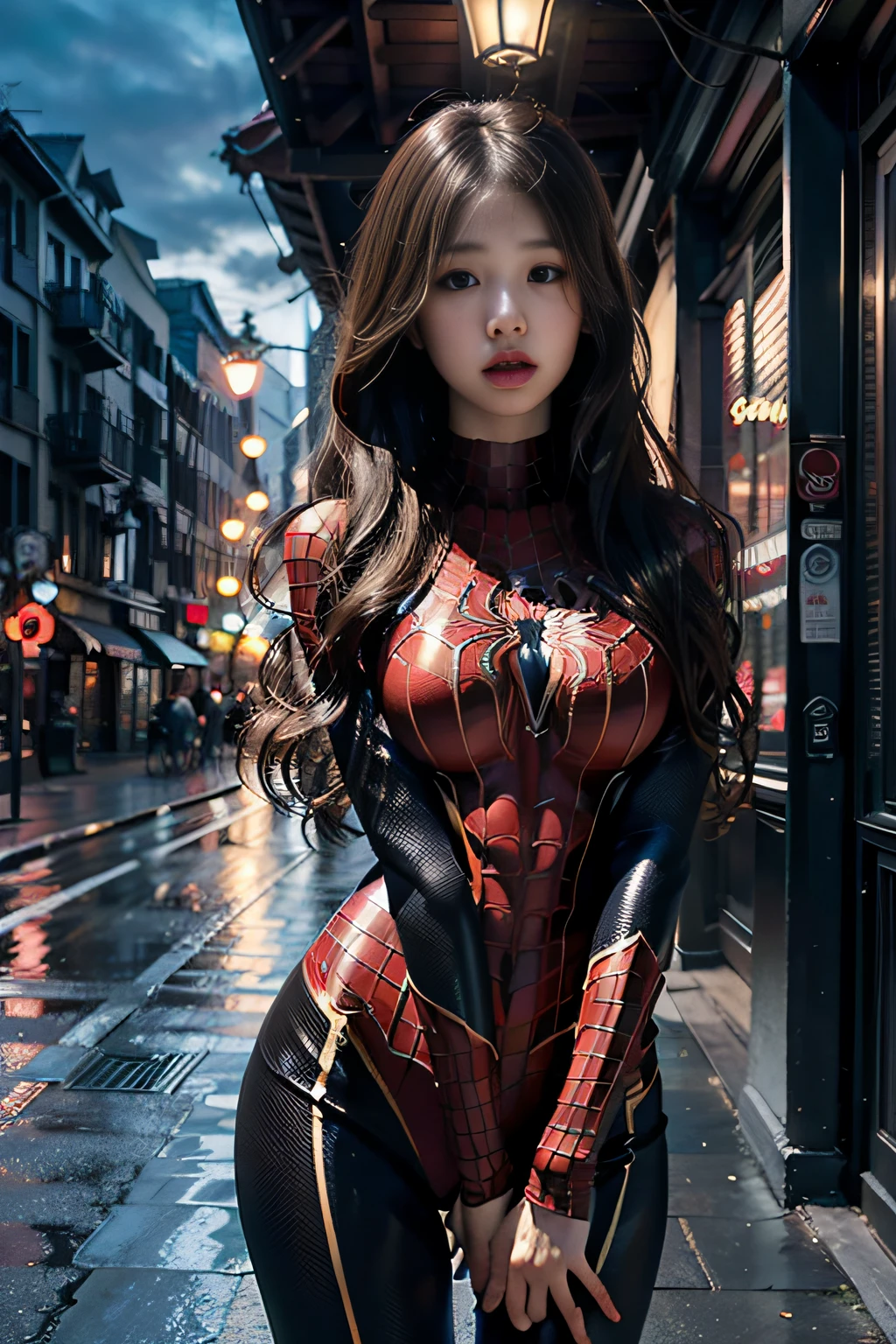 A close up of a woman in a spider - man suit posing on a street - SeaArt AI