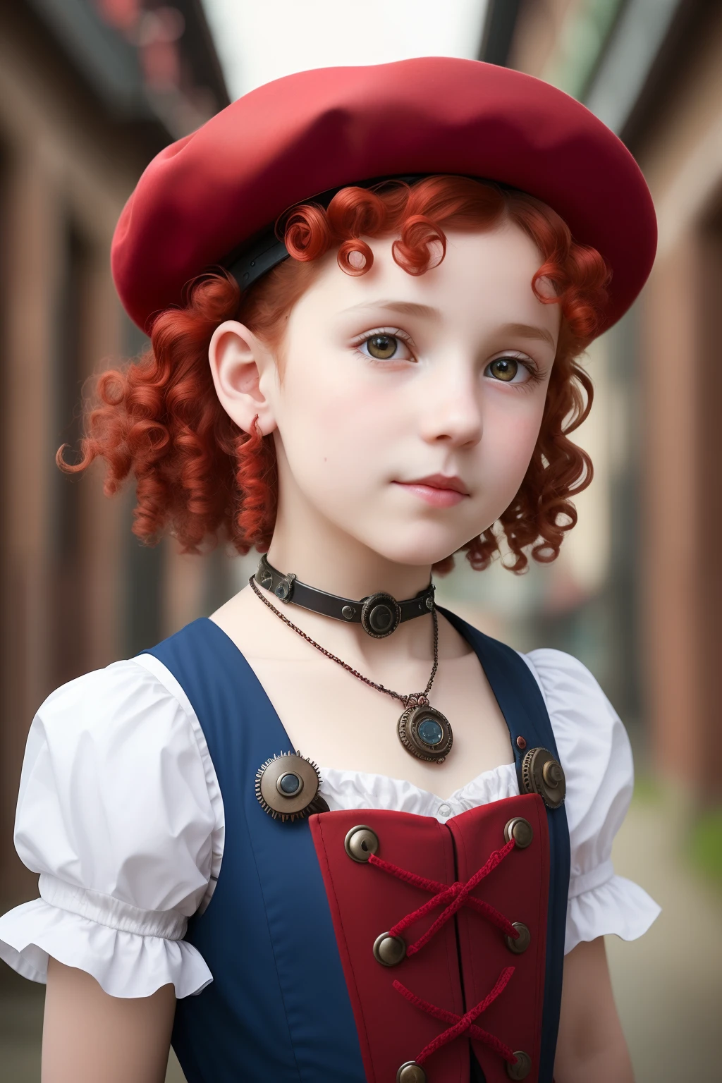 a closeup, Red short curly kids girl, Little Red Hat, Necklace Watches, (Victorian Age), ((steampunc)), cinematic photography, Crafted, elegent, With extreme caution, Magnificent, Maximum detail, Very hyper-aesthetic, complexly detailed, Many gears、Old Town Background