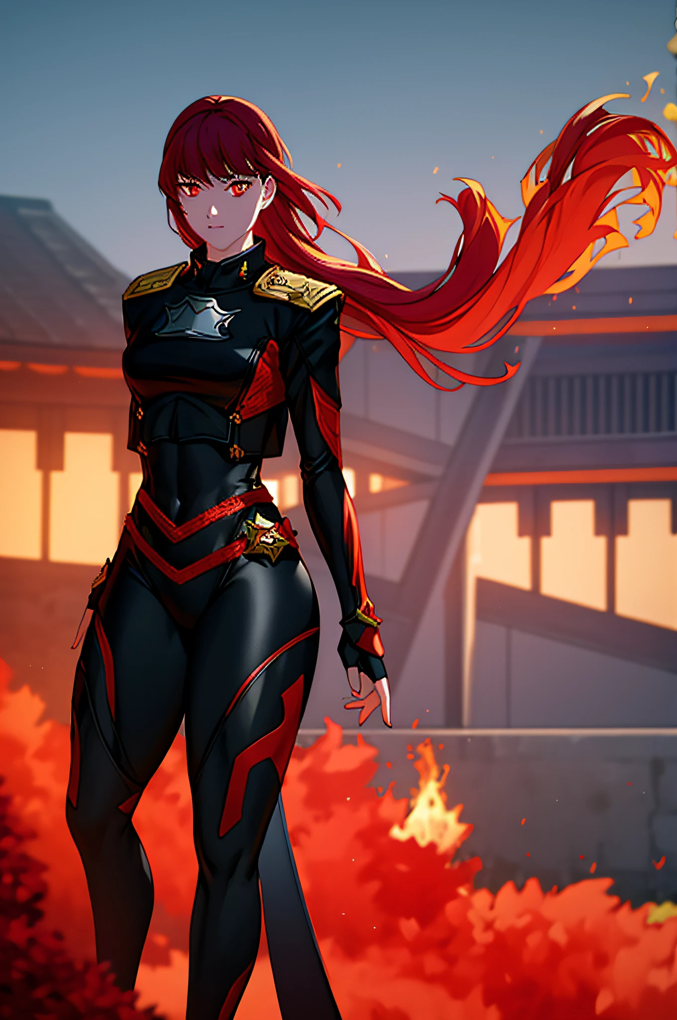 wearing black and red leggins, big ass, big legs, thick thighs, small waist, big hips, female, red hair, long hair, loose hair, yellow eyes, wearing black coat, use a katana, magical warrior, confident, (masterpiece:1.2, best quality), beautiful, a 23yo woman, fiery hair, fire goddess, (glowing red eyes), extremely detailed face, beautiful detailed eyes, defined jawline, (perfect anatomy), wearing red armor, midriff, textured skin, hot lighting, flames, embers, measures 70-40-95, beautiful figure, confidant, wearing black leggins, big legs, highly voluptuous thighs, wears a black coat, fire powers, fire hero, big ass, solo girl, thick legs, BEST QUALITY, full hd,