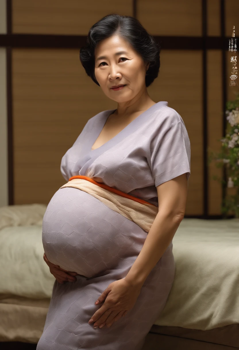 Pregnant woman in a kimono dress standing in front of a bed - SeaArt AI