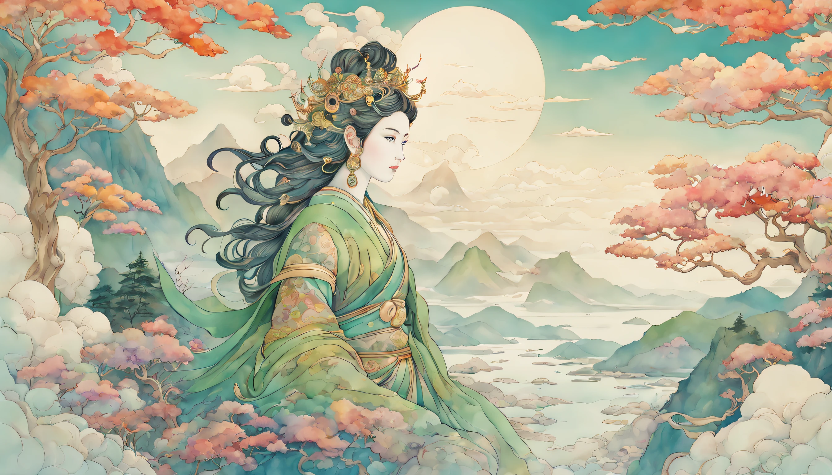 女神ターラ, 山々, 木, 海, 水彩画, 日本の版画, イラスト, 輪郭を描いた, 最高品質, 超詳細, 現実的, 鮮やかな色彩, ボケ, 肖像画, 落ち着いたカラーパレット, 柔らかな照明,神秘的な雲