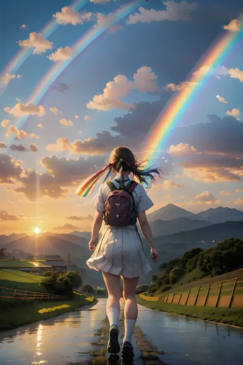 rainbows、Beautiful rainbow、(Rainbow sky:1.5), High school girl running towards rainbow hanging towards the mountain、maior, Beaut...