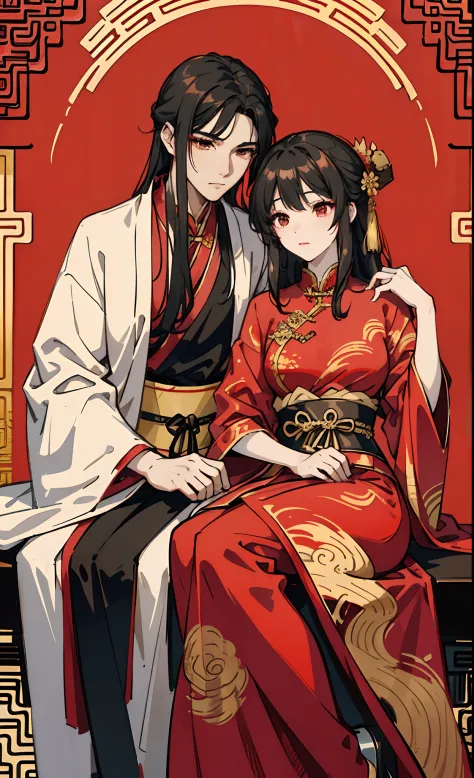 araffes in red dress sitting next to each other in front of a red and gold decoration, traditional chinese, chinese style, wearing red attire, hanfu, photoshoot, with acient chinese clothes, anime style, line art ruan jia and brom, traditional chinese clot...