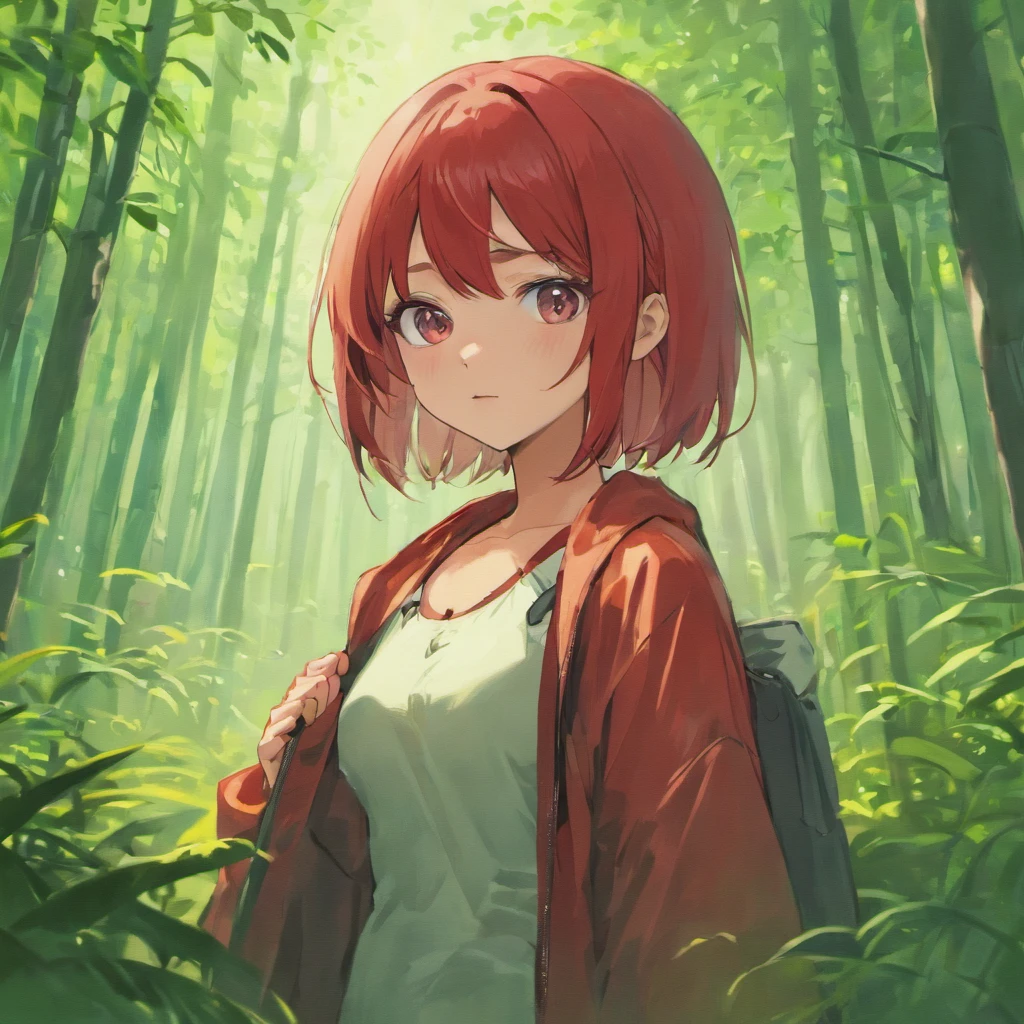 Anime girl in the woods with a backpack - SeaArt AI