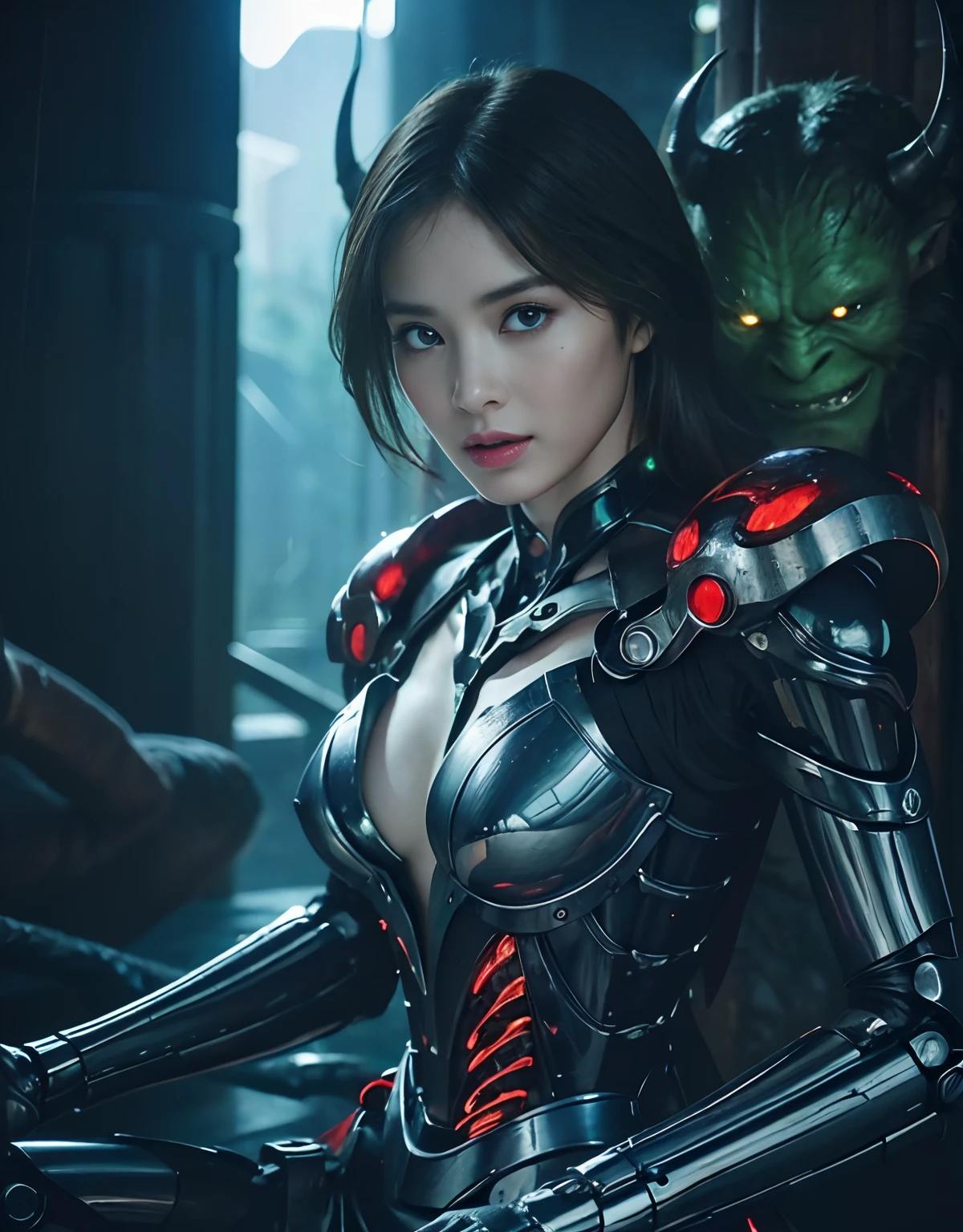 (1 Mechanical Girl)、top-quality、​masterpiece、超A high resolution、(Photorealsitic:1.4)、Raw photo、女の子1人、Fight mutants、glowy skin、(((1 Mechanical Girl)))、With a beautiful knife、（Green Metal Bodysuit）、(Kobold、ogre、Fierce battle with orcs),（Fight fiercely against aliens）、Fight fiercely、(beautiful forest background)、(Fighting Demonic Beasts)、(Small LED)、((super realistic details))、portlate、(Strong giant demon beast background),globalillumination、Shadow、octan render、8K、ultrasharp、Colossal tits、Raw skin is exposed in cleavage、metals、Details of complex ornaments、Japan details、highly intricate detail、Realistic light、(Mystical expression),CGSoation Trends、Blue eyes、radiant eyes、Facing the camera、neon details、(Mechanical limbs)、(blood vessels connected to tubes)、Mechanical vertebrae attached to the back、mechanical cervical attaching to neck、(Wires and cables connecting to the head)、Gundam、Small LED、,Mechanical thighs、Toostock、（Hands are also made of machines）、（Attack of the Monster Beasts）、（Wounded in a deadly battle）、