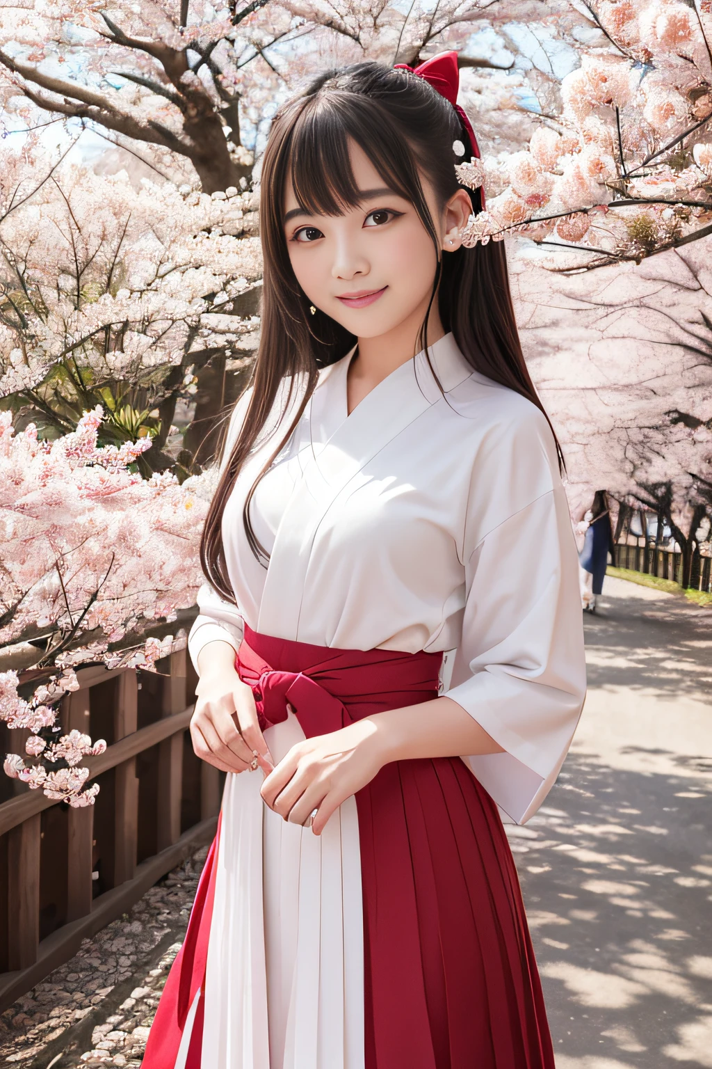 top-quality、８K、photoRealstic、1 girl in、bangss、cute little、17 age、White and vermilion hakama、A smile、long、A path lined with flourishing cherry blossom trees、cherryblossom、Vermilion pleats、