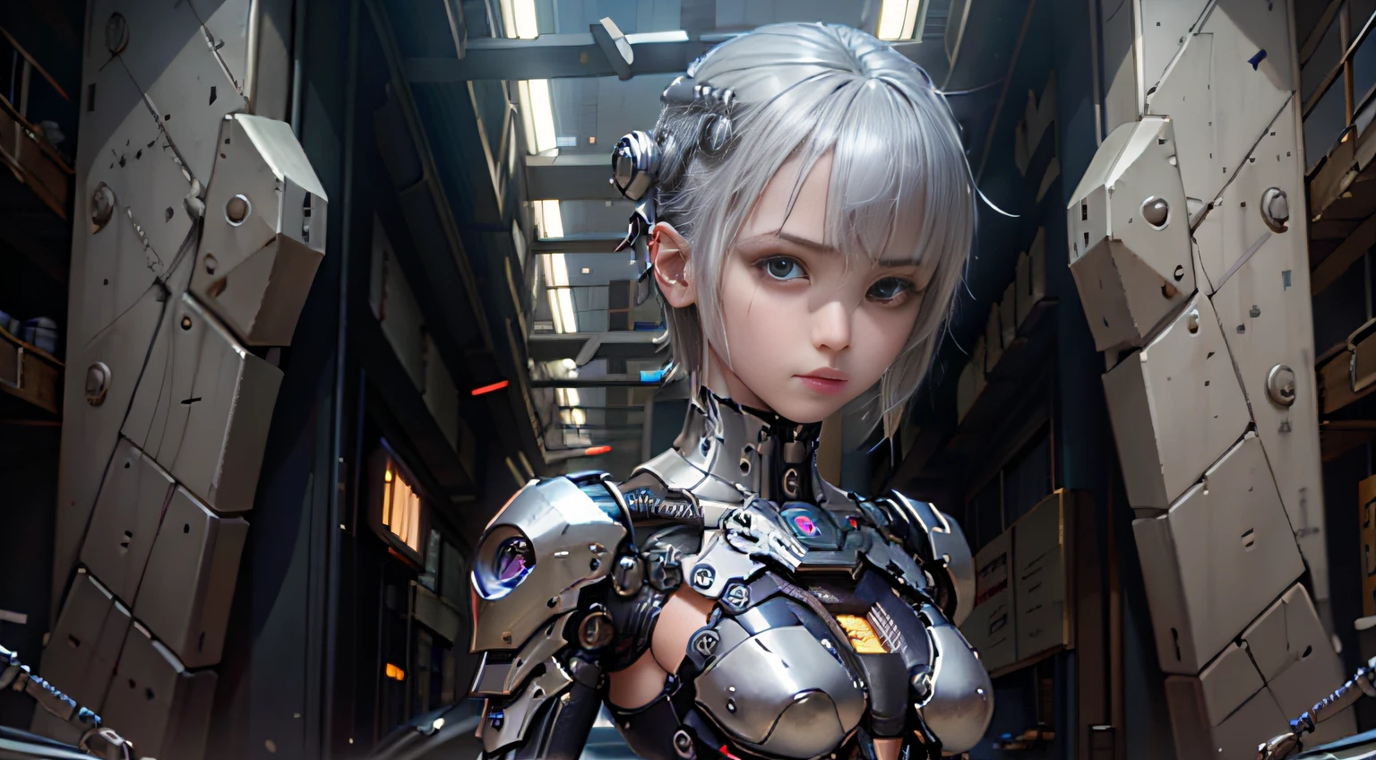 Fantasy、Silver hair color、Super short hairstyles、cyberpunked、(Double Sword、Scorpion Cyborg Woman、Das Veilchen:1.1)、1 woman、Mechanical technology、Robot Presence、Ninja-like fighting stance、Cybernetic Guardian、