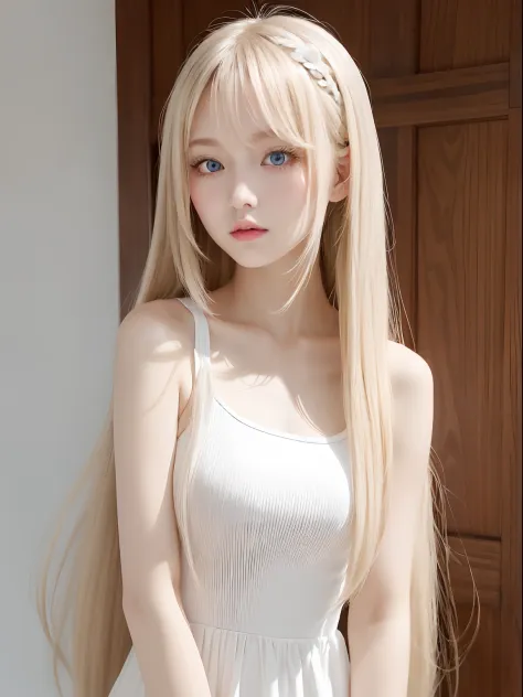 Sexy and the most beautiful face in the world、Very beautiful super long silky blonde hair、Shiny silky straight hair、Super long bangs swaying in front of your eyes、Sexy 17 year old cute girl、Pale light blue eyes、Pure white beautiful skin、glowy skin、poneyTai...