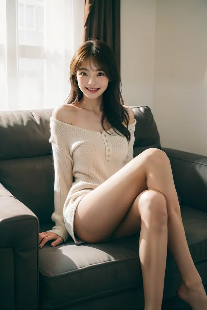 1girl in,Sitting on a cozy sofa,cross one's legs,Soft light、A scene from the drama、pistols、Grinning、Straight face、glareing、laugh、sexy for