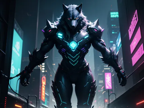 "Within a sprawling cyberpunk metropolis, where towering skyscrapers pierce the night sky, a cyber-enhanced wolf named (Razor)1.2 prowls with unmatched stealth and grace. The cityscape is bathed in the neon glow of holographic billboards, casting an eerie ...