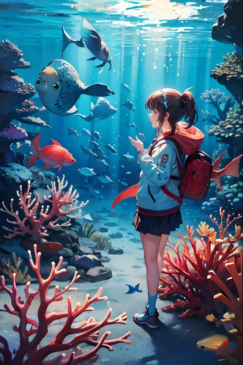 [(1girl:2), jacket], underwater, air bubble, big aquarium, Sea World, (group of fish, fish:1.4), Coral reefs, Coral, reefs, (min...