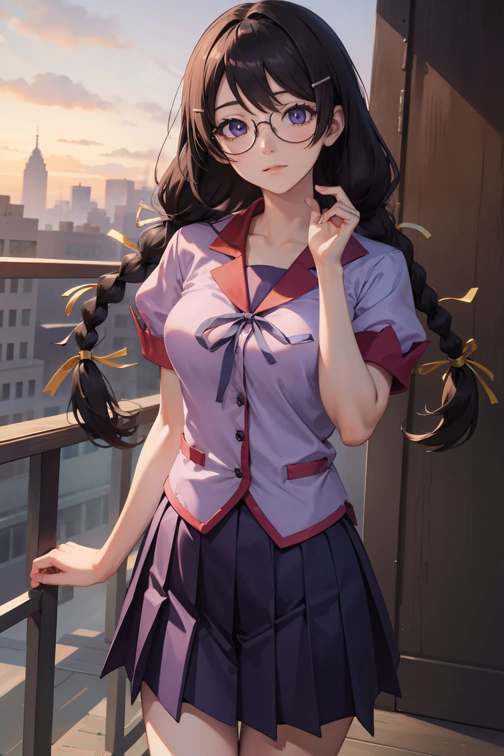 Hanekawa Tsubasa, hanekawa tsubasa, Long hair, Black hair, hair ornament, (Purple eyes:1.1), braid, hair clips, Twin braids, naoetsu high school uniform, Glasses,
BREAK skirt, , naoetsu high ,
BREAK outdoors, city,
BREAK looking at viewer, BREAK (masutepiece:1.2), Best Quality, High resolution, Unity 8k Wallpaper, (Illustration:0.8), (Beautiful detailed eyes:1.6), extra detailed face, Perfect Lighting, extremely details CG, (Perfect hands, Perfect Anatomy),