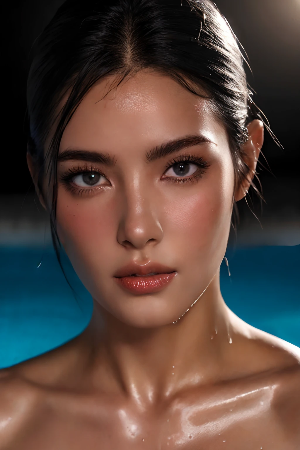 Photorealistic woman, detailed short messy black hair, full body shot, Detailed skin, detailed body, muscular, solo, wearing open Japanese Kimono, huge breasts, thick thighs, wide hips, muscular arms, large bulging veins on body, veins, muscle vein, split abs, thick thighs, blue eyes, Natural Skin Texture, skin detail, shiny skin, shiny glossy skin, WET skin, wet body, glossy skin, oily skin, Mediterranean tan, high contrast, realistic skin, skin pores, intricate detail, high contrast, realistic skin, skin pores, intricate detail, raw photo, mature female, glossy lips, luscious lips, pretty nose, lifelike rendering, immersive atmosphere, chiaroscuro, moody lighting, perfect female body, at an expensive private swimming pool in Brazil, bad-girl, mature female, ero404