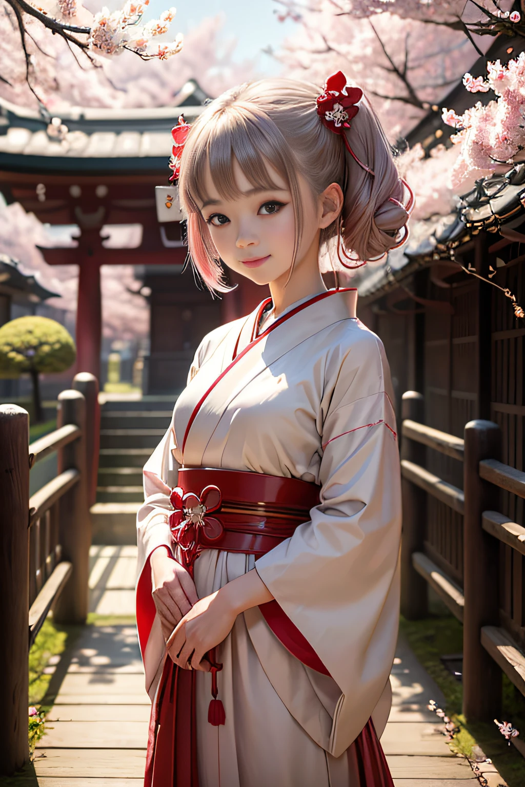 top-quality、８K、photoRealstic、1 girl in、bangss、cute little、17 age、Japanese shrine maiden、White and vermilion hakama、A smile、long、A path lined with flourishing cherry blossom trees、cherryblossom、Vermilion pleats、A detailed eye、A detailed face、