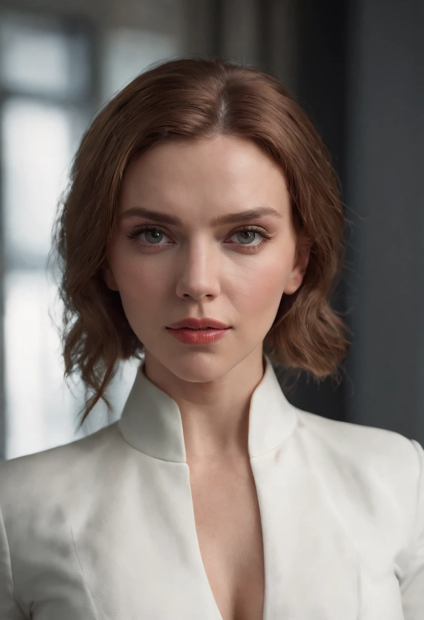 Close-up of a woman in a white suit，Scarlett Johansson plays Black Widow in the Marvel Universe, in an urban setting, Super detailed, White Black Widow costume，Ultra-detailed Black Widow white costume, High-quality facial research, full bodyesbian, Competitive high quality, (Perfect body: 1.1), (Short wavy hair: 1.2), Whole body, Casual pose, Beautiful pose, (Extremely detailed CG 8k wallpaper), (Extremely delicate and beautiful), (Masterpiece), (Best quality: 1.0), (Ultra-high resolution: 1.0), Beautiful lighting, Perfect lighting, Realistic shadows, [high resolution], Detailed skin, Super detailed (((Colorful))), Digital art, metal gear solid concept art, full body concept art, Expert concept art with high detail, concept-art，Such as Ernest Khalimov, fps game concept art, concept-art, craig mullins style, Video game concept art, 4K