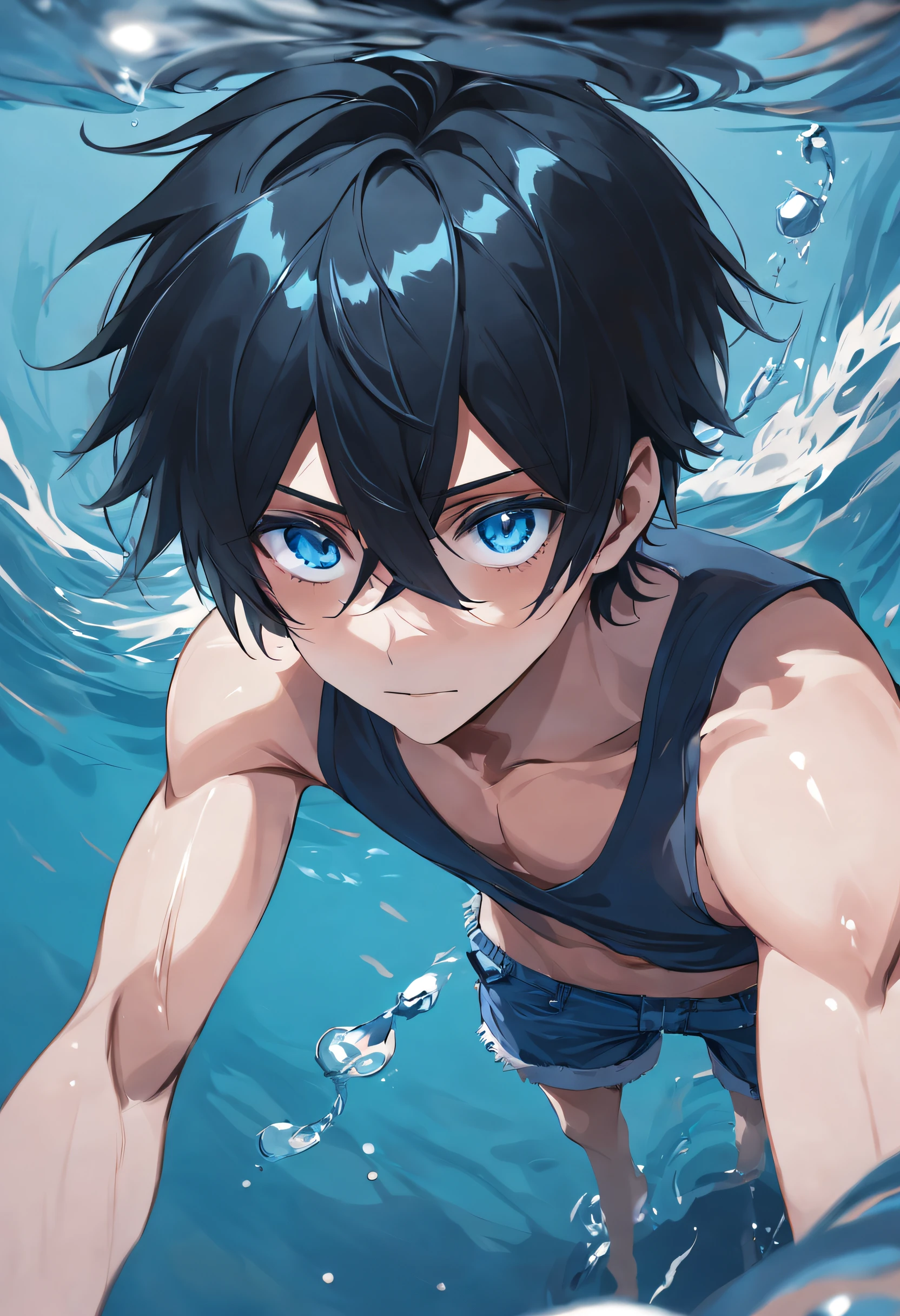 Anime boy in the water with blue eyes and black hair - SeaArt AI