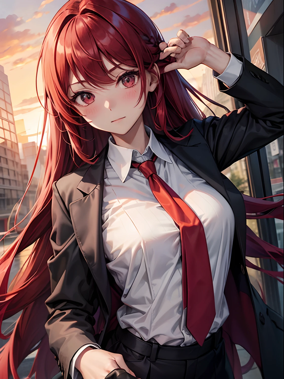 Anime girl with red hair and a white shirt and tie - SeaArt AI