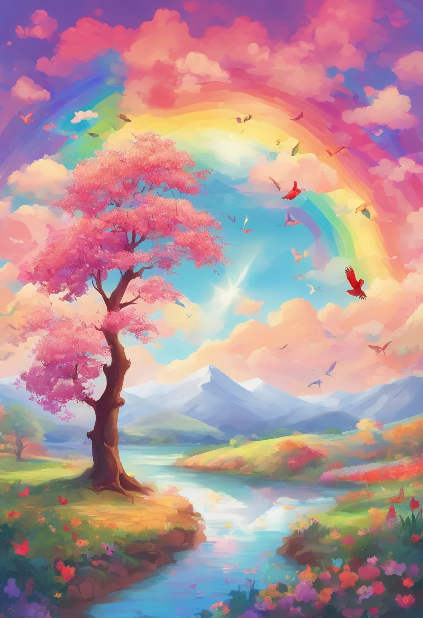 （（A rainbow appears in the sky after the rain）），baiyun, after rainny, rays of sunshine, refractions, Seven colors, Red, Orange, Yellow, Green, Blue, Violet, arc-shaped, A bridge to heaven, llight rays, dream magical, wanting, Calm lake, inverted image, The outline of the tree, Birds fly, freshen, magical, Beautiful natural landscape