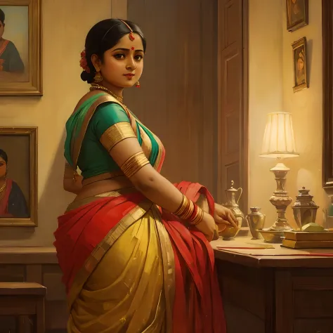 Attractive chubby bengali lady , artistic  , 18 th century , dynamic pose, cinematic light , painting of Ravi Verma