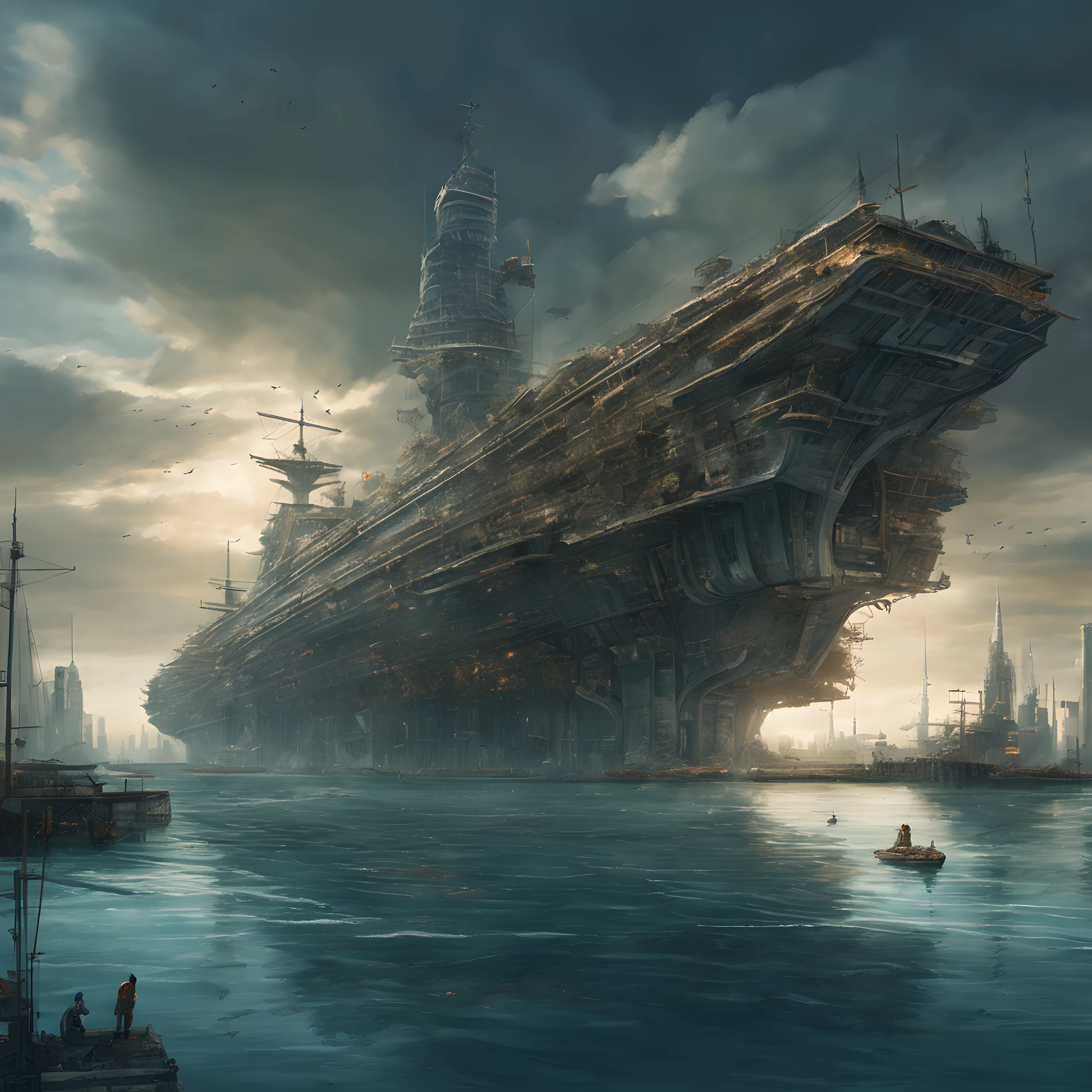 composition: "Visualize an awe-inspiring scene set in a near-future, post-apocalyptic world where a colossal battleship has been transformed into an immense, sprawling city. This waterborne metropolis stretches as far as the eye can see, emphasizing the colossal scale of the ship and the intricacies of the cityscape. Capture the grandeur of this maritime city from a distant aerial perspective."

人物: "Within this futuristic aquatic realm, imagine a diverse community of survivors who have adapted to life on the colossal battleship-city. Their attire is a fusion of practicality and futuristic fashion, reflecting their resilience. Engineers work tirelessly to maintain the ship's complex systems, explorers chart uncharted waters, and leaders guide the city-state through the challenges of a post-apocalyptic world. Their determination and unity are evident."

Background with: "As the colossal battleship-city sails across the vast, open sea, the remnants of a once-thriving world lie beneath the water's surface, offering glimpses of a world lost to the depths. Crumbled skyscrapers, submerged landmarks, and marine life swim among the submerged structures. Above, the sky stretches into a cerulean expanse, hinting at the endless possibilities of the future. This vision of a post-apocalyptic, sea-dominant world is illuminated by the soft glow of a setting sun, casting a sense of hope and wonder."