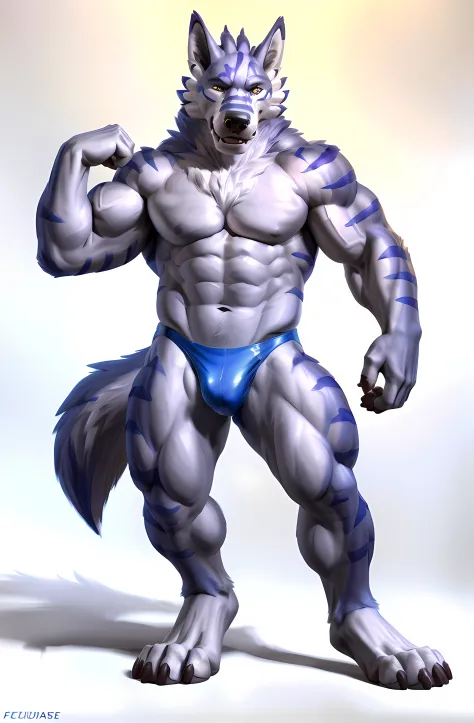 weregarurumon, 4k, high resolution, best quality, posted on e621, solo, anthro body, bare chest, male, adult, very masculine, (very muscular, very defined muscles, strong pectorals, thick pecs, muscular arms, muscular legs, heavyweight:1.4), correct anatom...