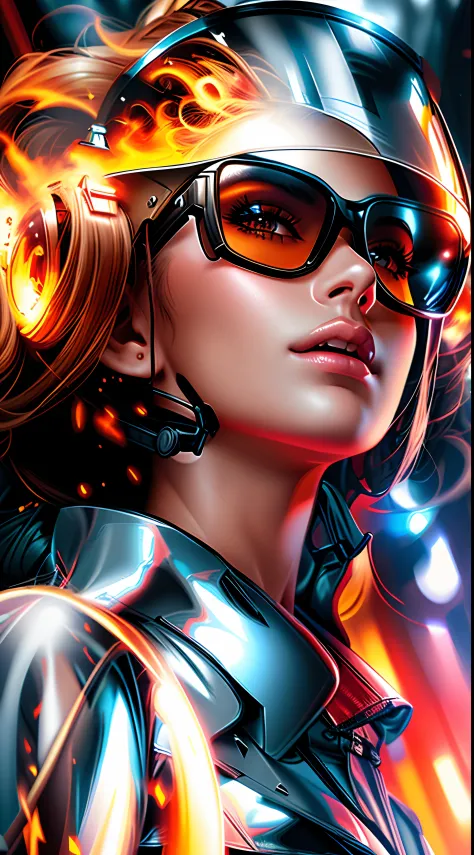 A woman wearing a helmet and sunglasses with a fire in the background, bela arte digital, stunning digital illustration, epic di...