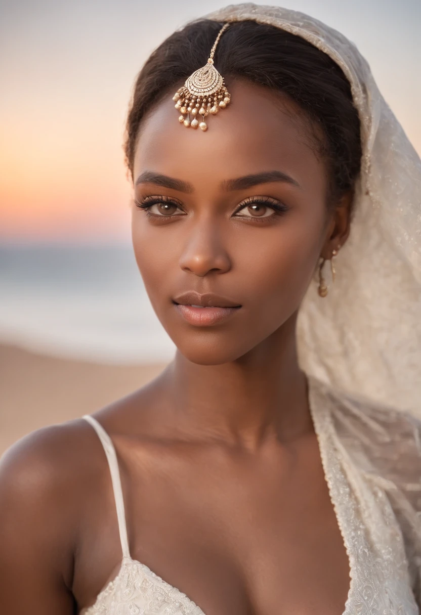 A woman in a white dress and veil on the beach - SeaArt AI