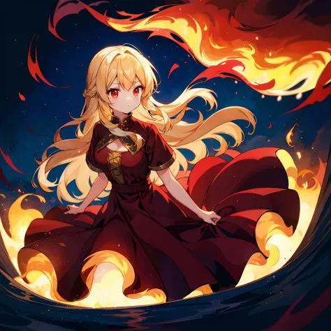 wavy blonde、red eyes、one beautiful girl、retro dresses、surrounded by flames、sorcerer、