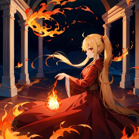 a blond、poneytail、red eyes、one beautiful girl、red dress、wizard robes、pillar of fire、flame magic、surrounded by flames