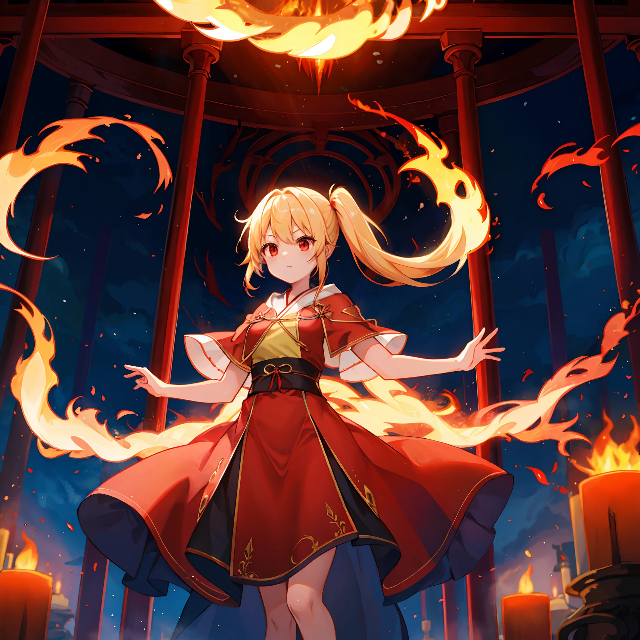 a blond、poneyTail、red eyes、One Beautiful Girl、Red dress、Wizard robes、Pillar of fire、Flame Magic、Surrounded by flames