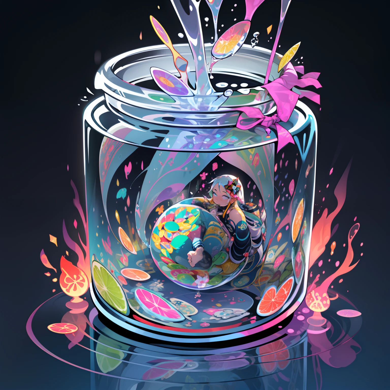 Colorful planet stickers in jar：A small transparent jar，Inside is a vibrant one、Colorful maiden。The girl fell into the jar，Colorful liquids splashed out