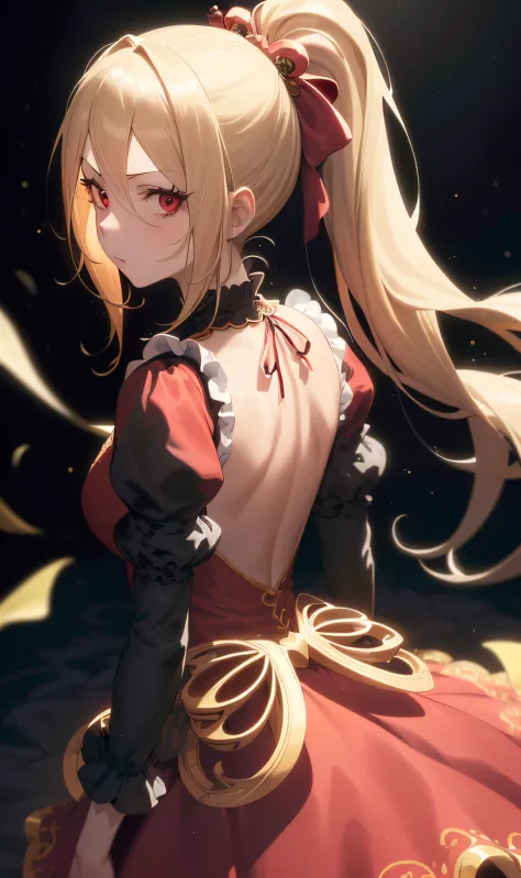 (masutepiece, Best Quality:1.2), Extremely detailed, detailed hairs, Soft skin,

1girl in, Solo, Standing, Upper body, from behind,

Blonde hair, Long hair, High Ponytail, Long ponytail,

Red Eyes, long eyelashes, thick eyelashes, Looking at Viewer,

Red d...