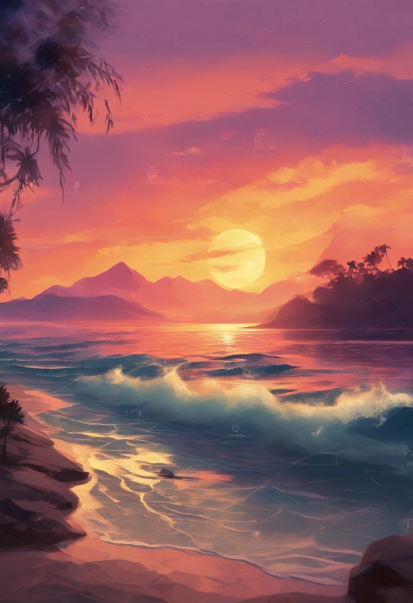 (best quality,4k,8k,highres,masterpiece:1.2),ultra-detailed,(realistic,photorealistic,photo-realistic:1.37),vibrant colors,sunset,scenic view,golden rays,calm water,reflection,serene atmosphere,silhouette,splendid horizon,line of mountains,lush greenery,peaceful ambiance,vivid sky,romantic setting,natural beauty,tranquil scene,magical moment,twilight,sublime landscape,serene coastline,warm color tones,gentle waves,serenity,captivating scenery,spectacular colors,tranquil beach,majestic view,picturesque landscape,harmony,nature's masterpiece,harmonious palette,romantic hues,awe-inspiring beauty,serene waters,unforgettable sunset