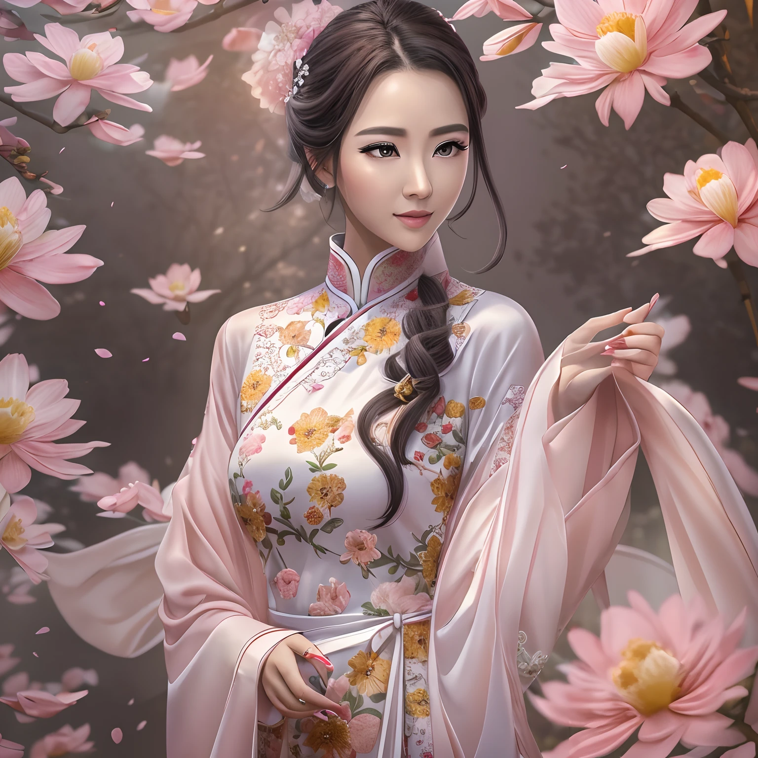 (Chef-d&#39;œuvre), Meilleure qualité, haute résolution, ultra-détaillé, Gros plan sur le personnage, une belle robe blanche de style chinois, Robe chinoise élégante, détails exquis, cheongsam beau et élégant, Coloré et brillant, Robe flottante, Angle dramatique, Fermer bien sûr (fermer), demande, Les couleurs chaudes comme la lumière du soleil concentrent la chaleur personnelle, Champagne, Les détails sont mis en valeur, ruban extra long, ouvrir, tout le corps, beaucoup de détails, pétales roses, lumière du soleil sur la peau, glorreich, Pointes, hortensias, Boudoirs.