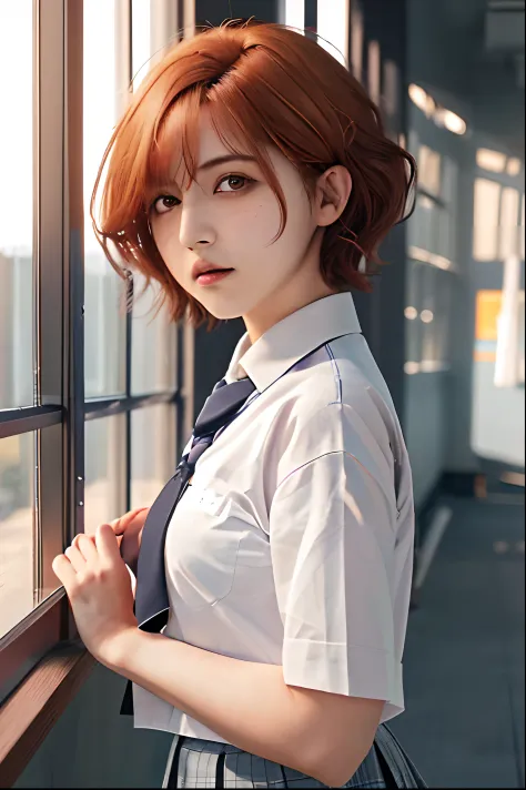 1gil, higuchi madoka, short hair, school uniform, orange hair, medium breast, realistic, ultra detail, 8k, 70mm lens